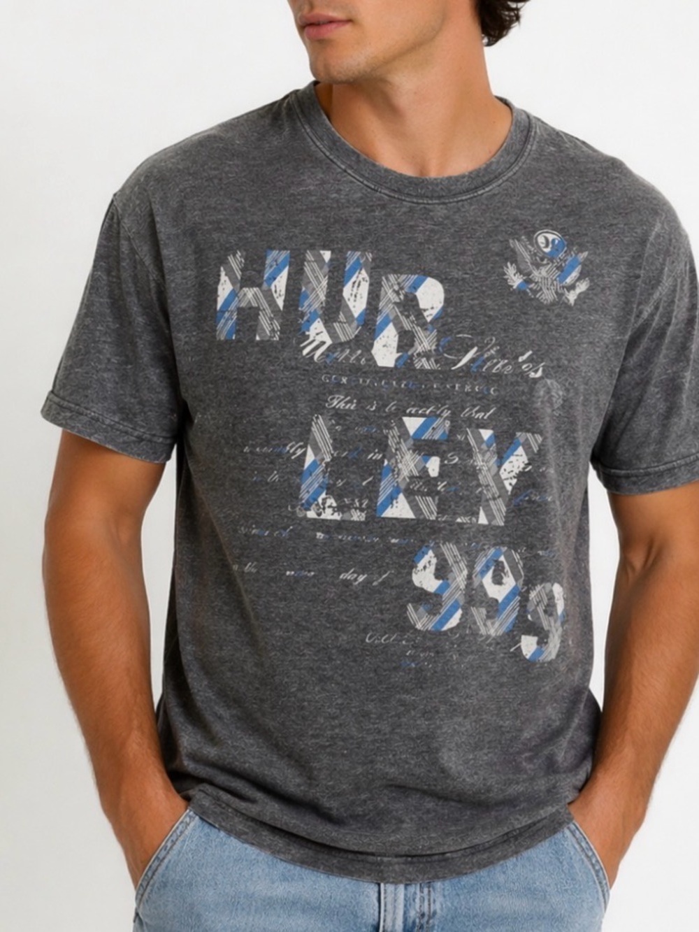 Hurley Men's gray and blue old school vintage T-shirt SZ M GUC